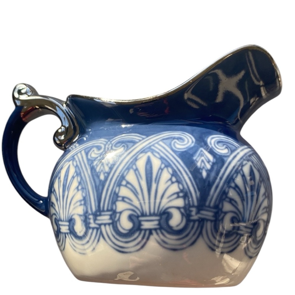 Bombay Co Cobalt Blue White Arabasque Tile Platinum Trim 4 ounce creamer